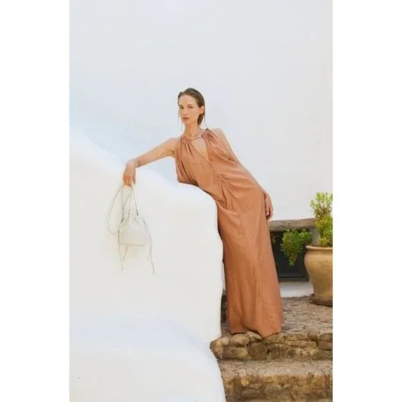 Zara Tan Halter Maxi Dress With Drawstring Back Detail Boho - Size S - Picture 2 of 7